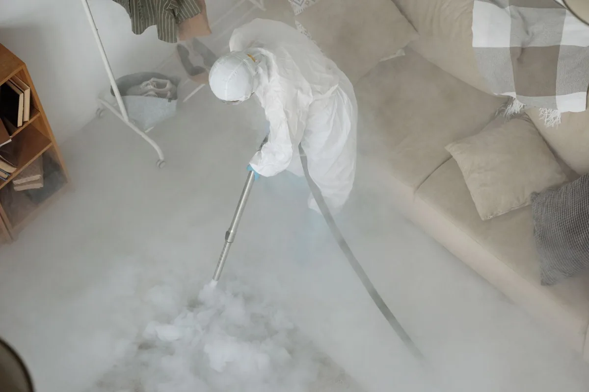 Biohazard cleanup technician in protective equipment, Underwood Hills, Atlanta, GA